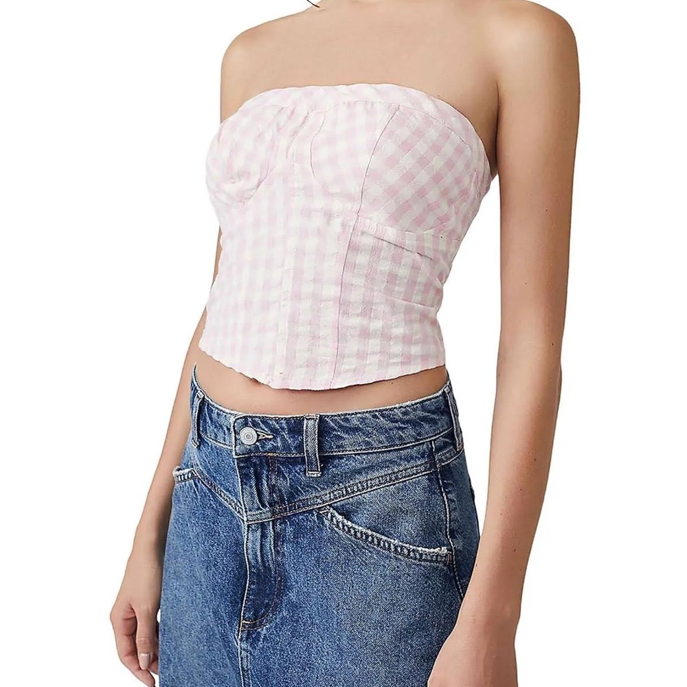 Free People Women Large Leilani‎ Cotton Gingham Tube Top Pink Y2K Cottagecore